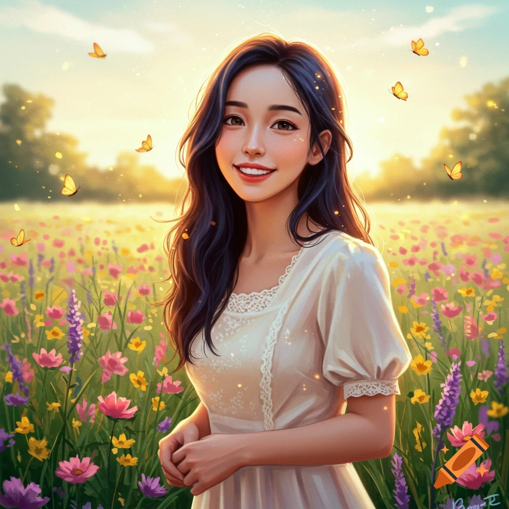 An illustration of a smiling young woman with dark hair in a white dress, standing in a sunlit field of colorful flowers with butterflies.