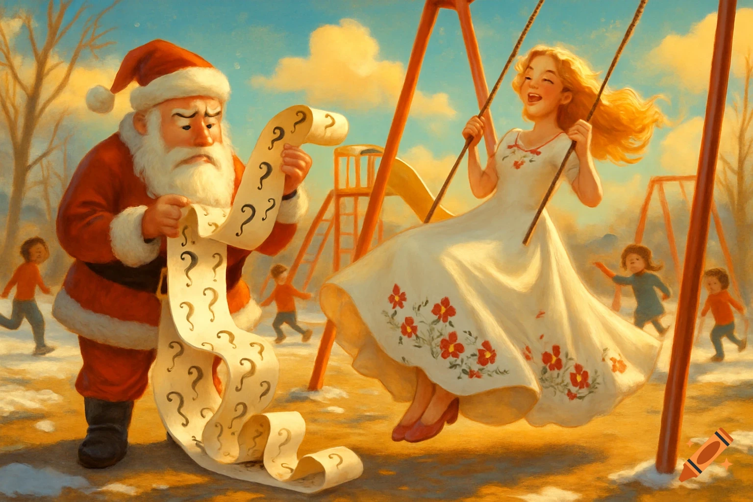 Painterly image of Santa Claus looking at a long list of question marks in a snowy playground while a happy woman swings and children play.