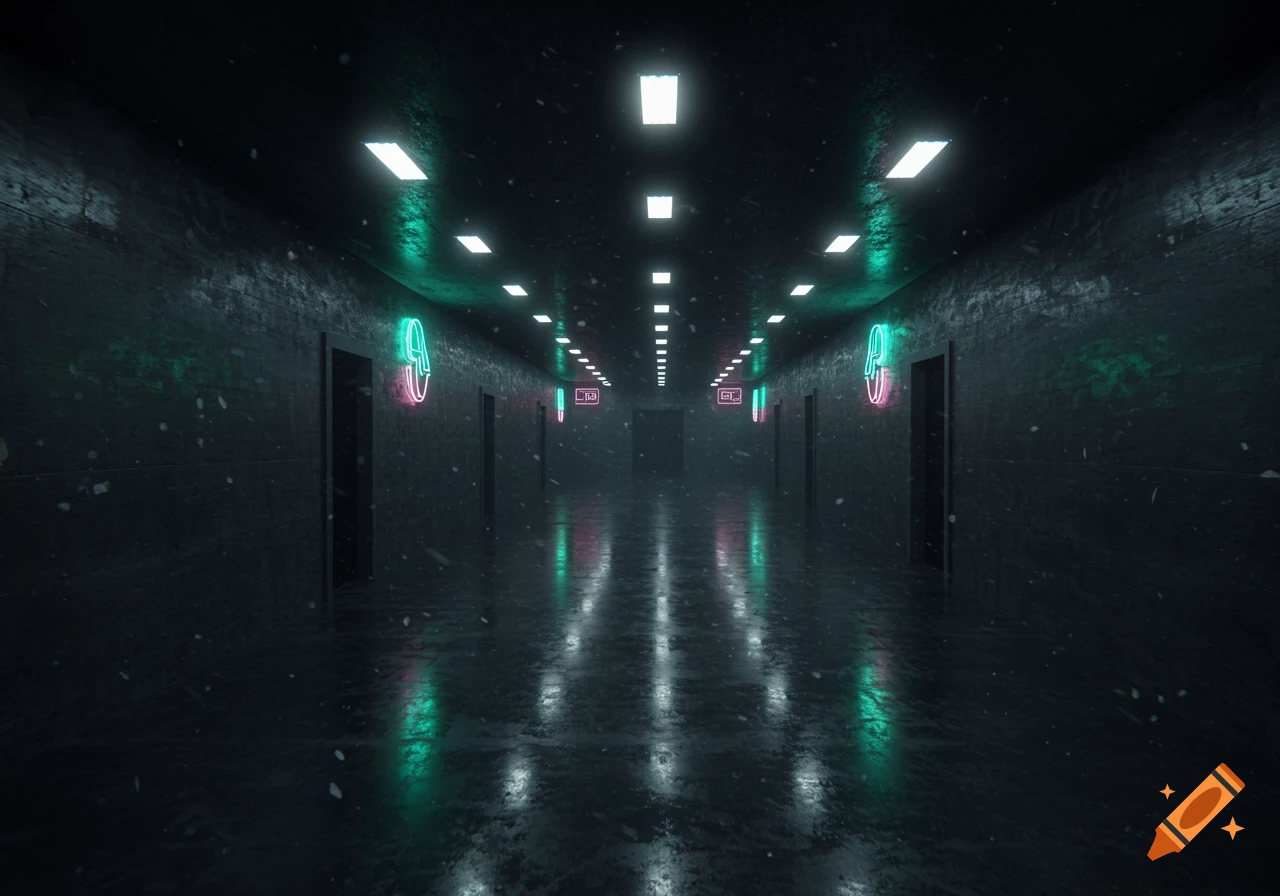 A long, dark concrete hallway with square white ceiling lights and glowing neon signs on doors that reflect on the wet floor, creating a futuristic liminal space.