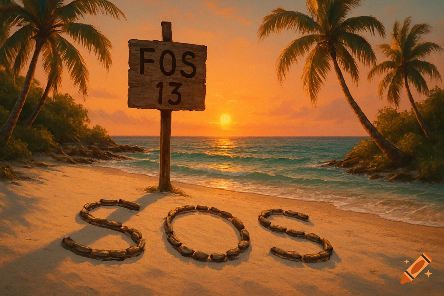 A tropical beach at sunset with palm trees. A wooden sign reads 'FOS 13', and stones on the sand spell 'SOS'.