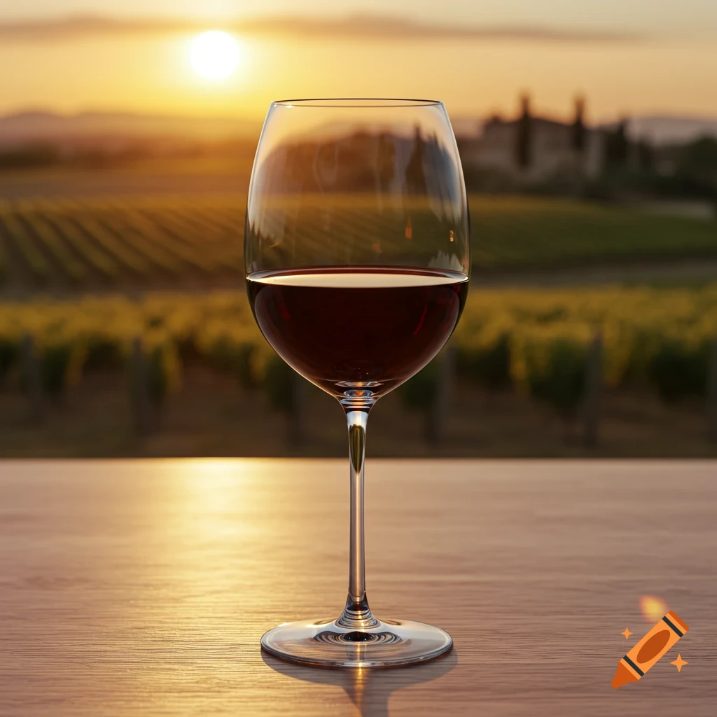 A glass of red wine on a table with a vineyard and sunset in the background.