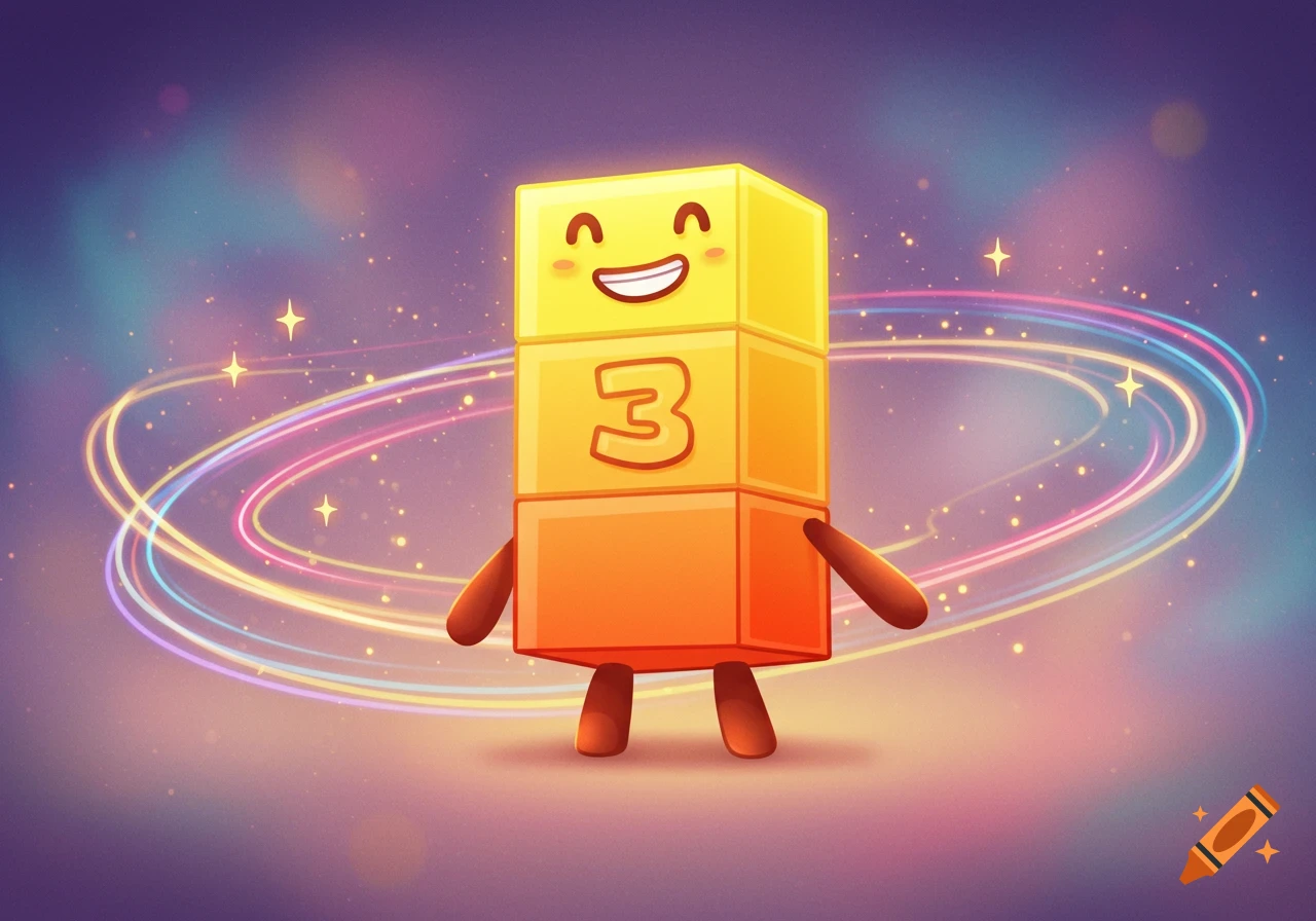 A cheerful yellow and orange block character with a number 3 on its chest, surrounded by glowing rings and stars.