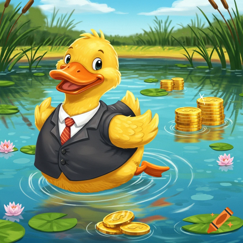 A cartoon duck wearing a suit floats in a pond surrounded by lily pads and stacks of golden coins.