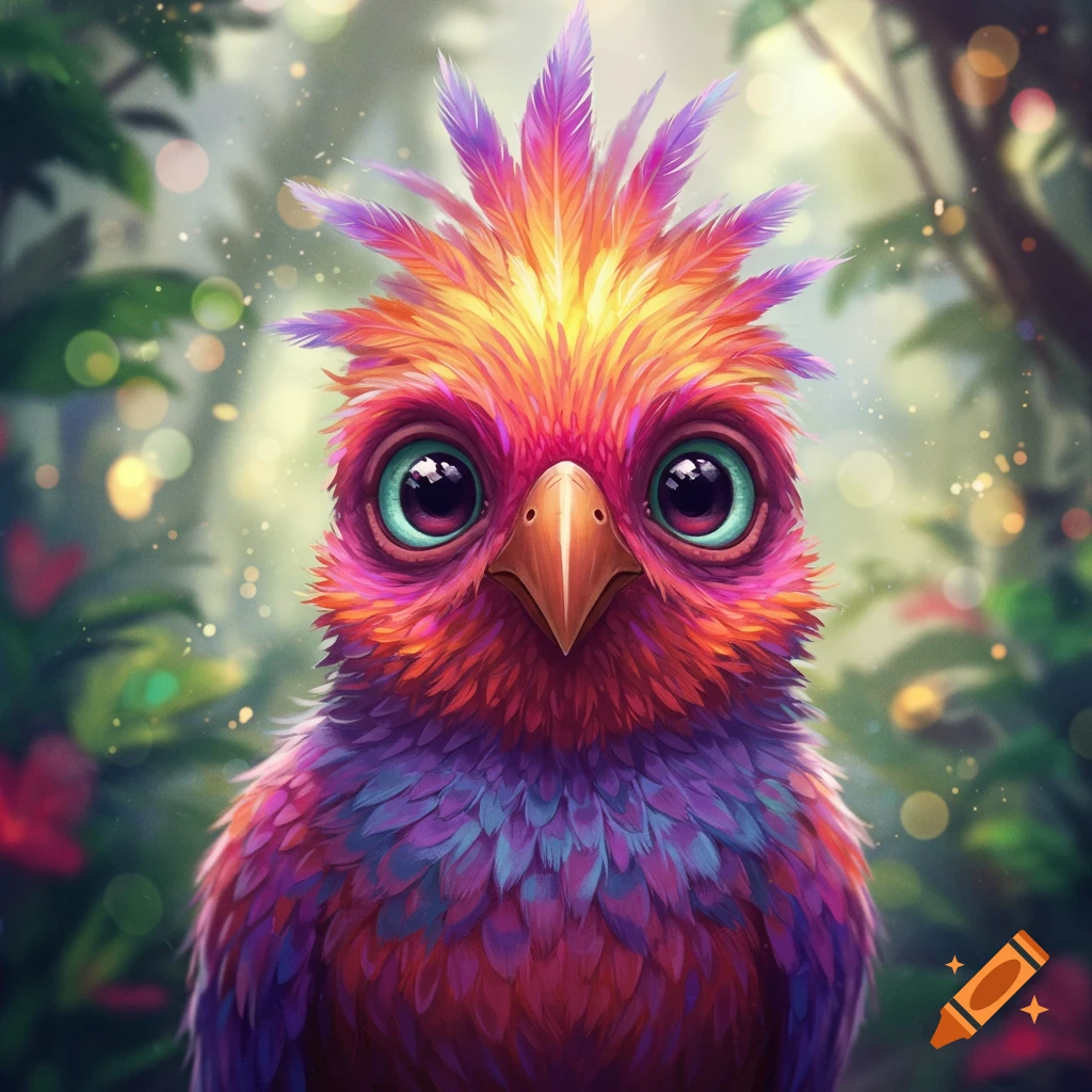 Close-up of a vibrant, colorful bird with large, expressive eyes and spiky iridescent feathers, set against a dreamy, bokeh-filled jungle background.