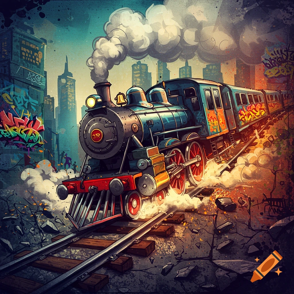 A vibrant graffiti-style illustration of a blue train with red wheels driving off broken tracks in a city with graffiti-covered buildings.