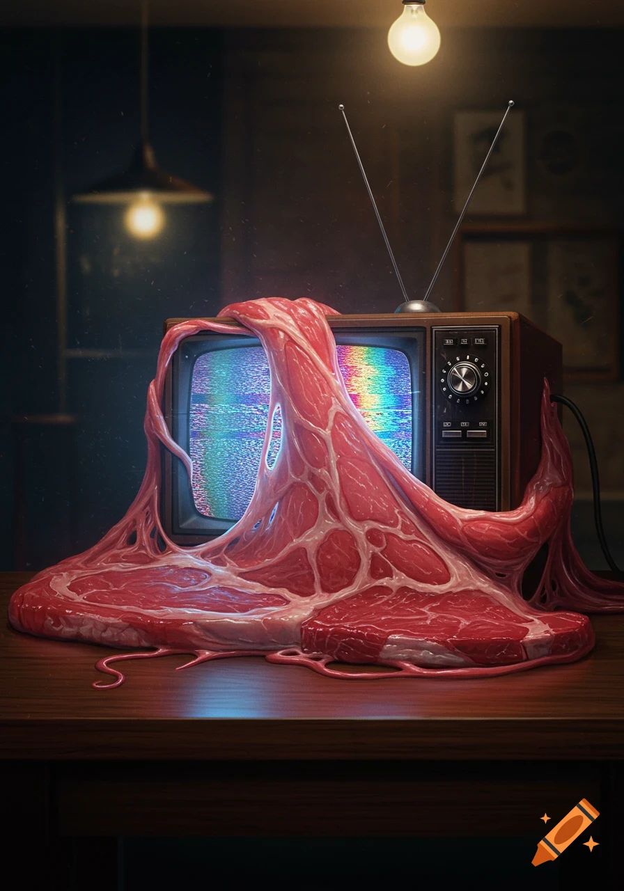 A vintage television set covered in raw, fleshy meat, with colorful static on its screen, in a dimly lit room.