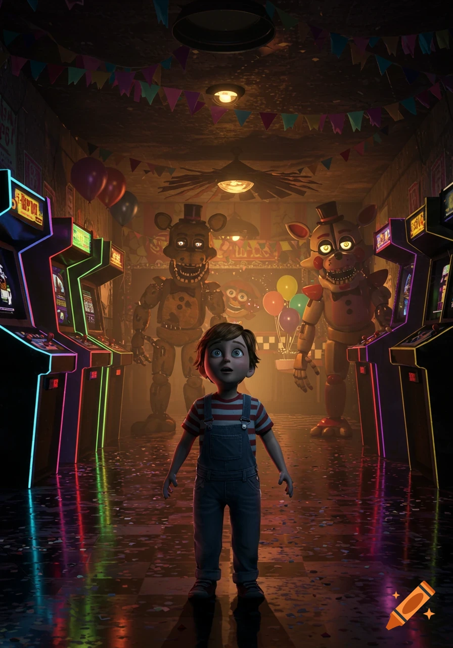 A scared child in a striped shirt and overalls stands in a dark, neon-lit arcade, facing two large, eerie animatronic characters. Confetti litters the floor.