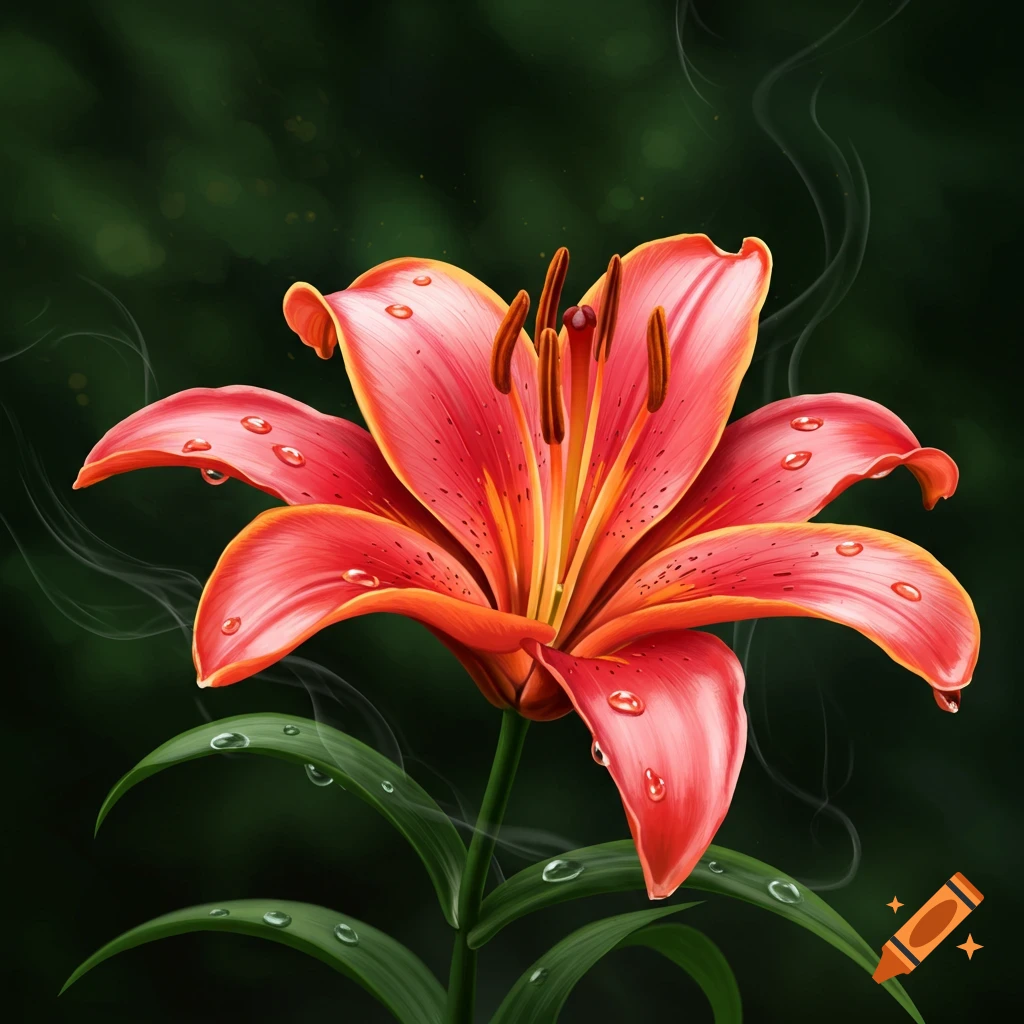 A vibrant red and orange lily with water droplets on its petals and leaves, set against a dark, blurry green background.