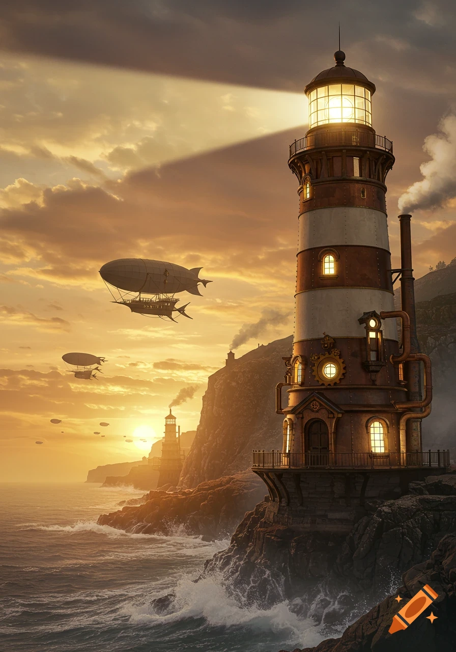 A detailed steampunk lighthouse on a rocky coast with airships flying in a dramatic sunset sky.