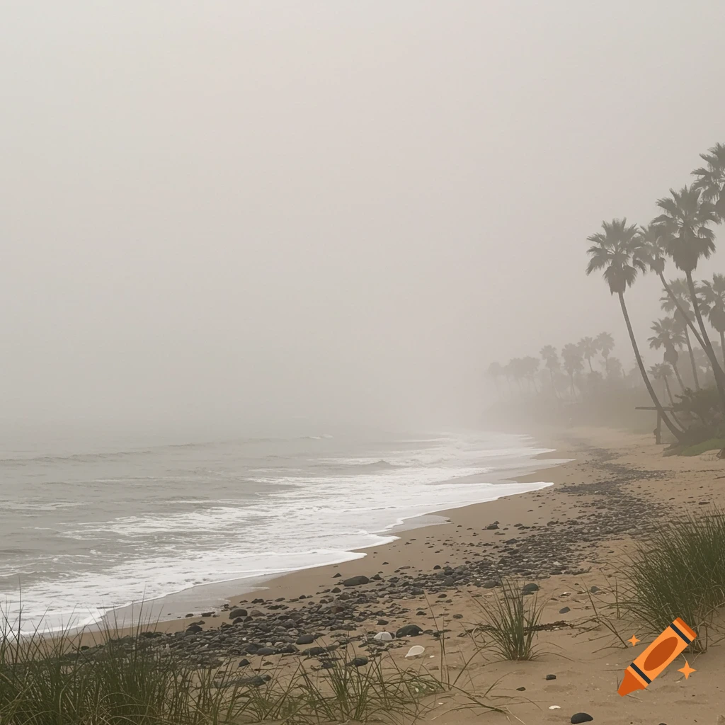 A quiet, foggy beach with waves gently rolling onto the sandy shore, lined with palm trees disappearing into the mist.