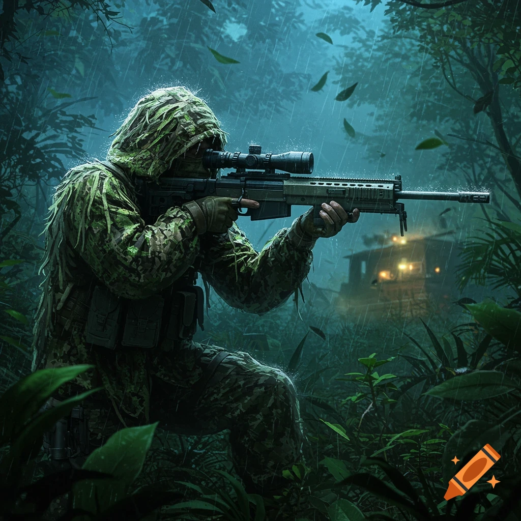 A sniper in a ghillie suit kneels in a rainy jungle, aiming a long-range rifle with a scope. A building is blurred in the background.