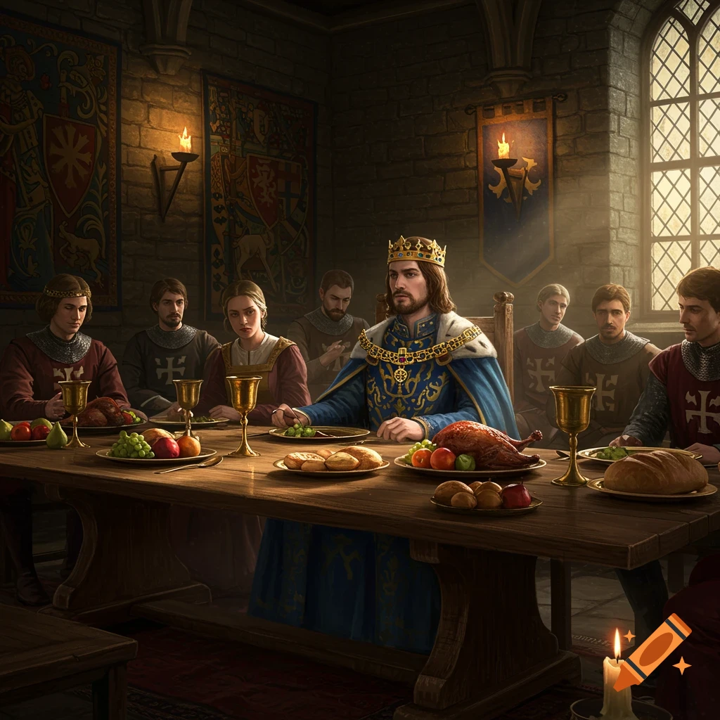 A king and his court feast at a long table in a medieval stone hall, adorned with tapestries and lit by candles. Illustration.