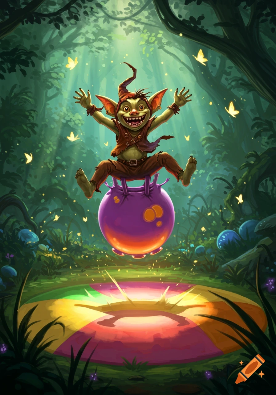 A vibrant illustration of a happy green goblin bouncing on a purple pad in a magical forest with butterflies.