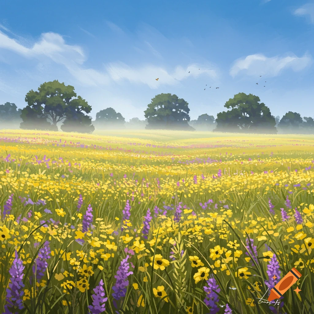 A vibrant field of yellow and purple wildflowers under a clear blue sky with distant trees.