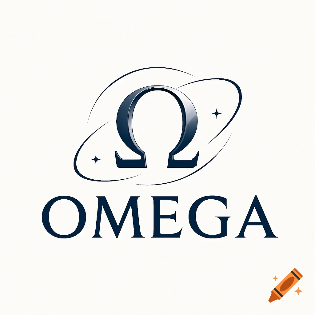 A stylized dark blue Omega logo with an orbiting ring and two stars, on a white background.