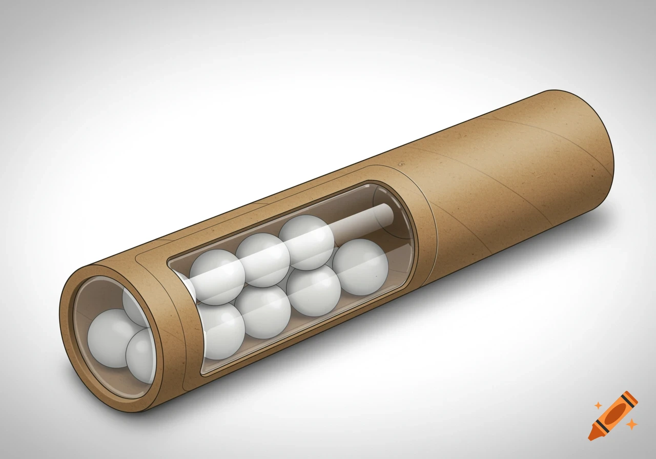 A long brown cardboard tube with a transparent plastic window showing several white balls inside, on a white background.