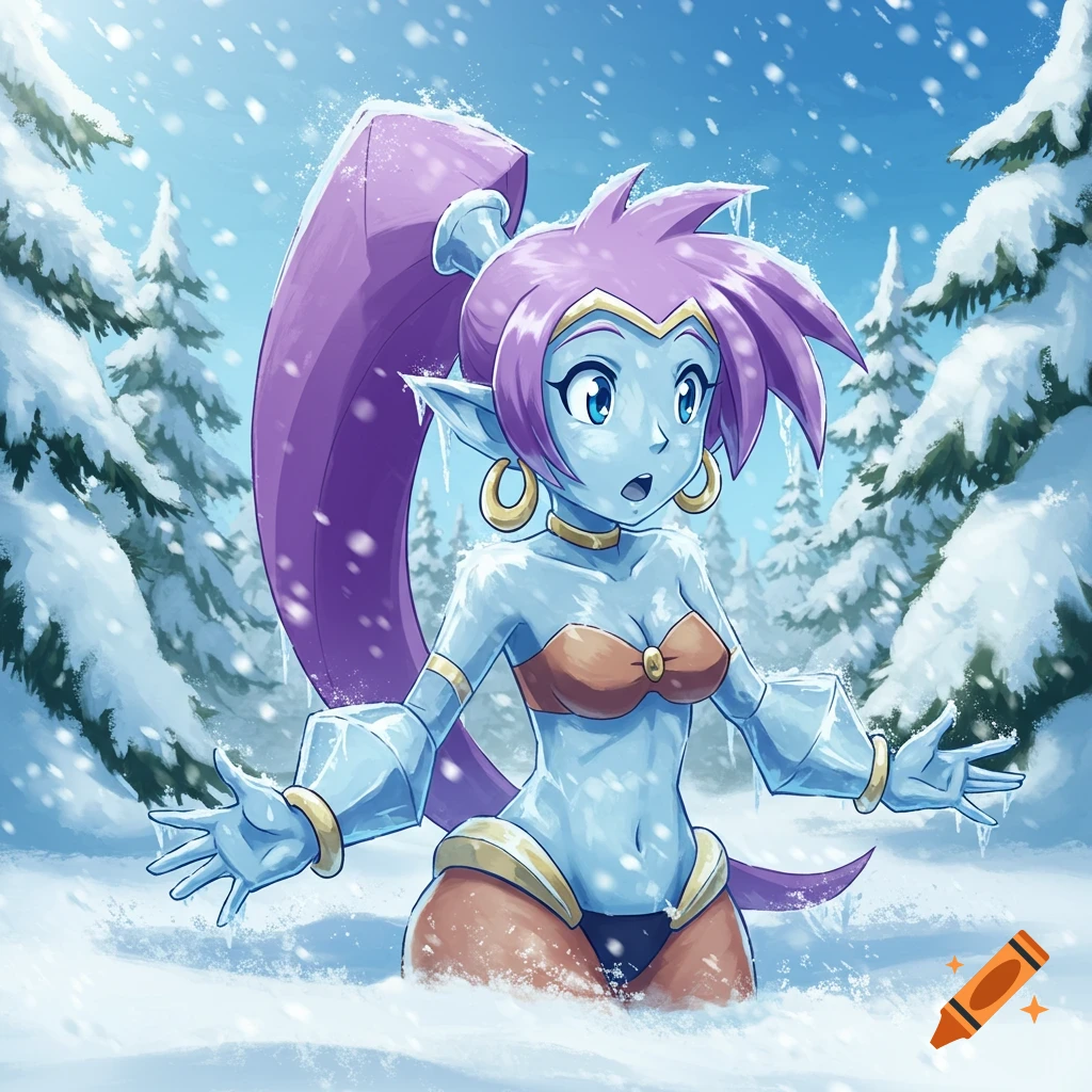 A surprised, blue-skinned Shantae, appearing as an ice statue, stands in a snowy forest with falling snow.