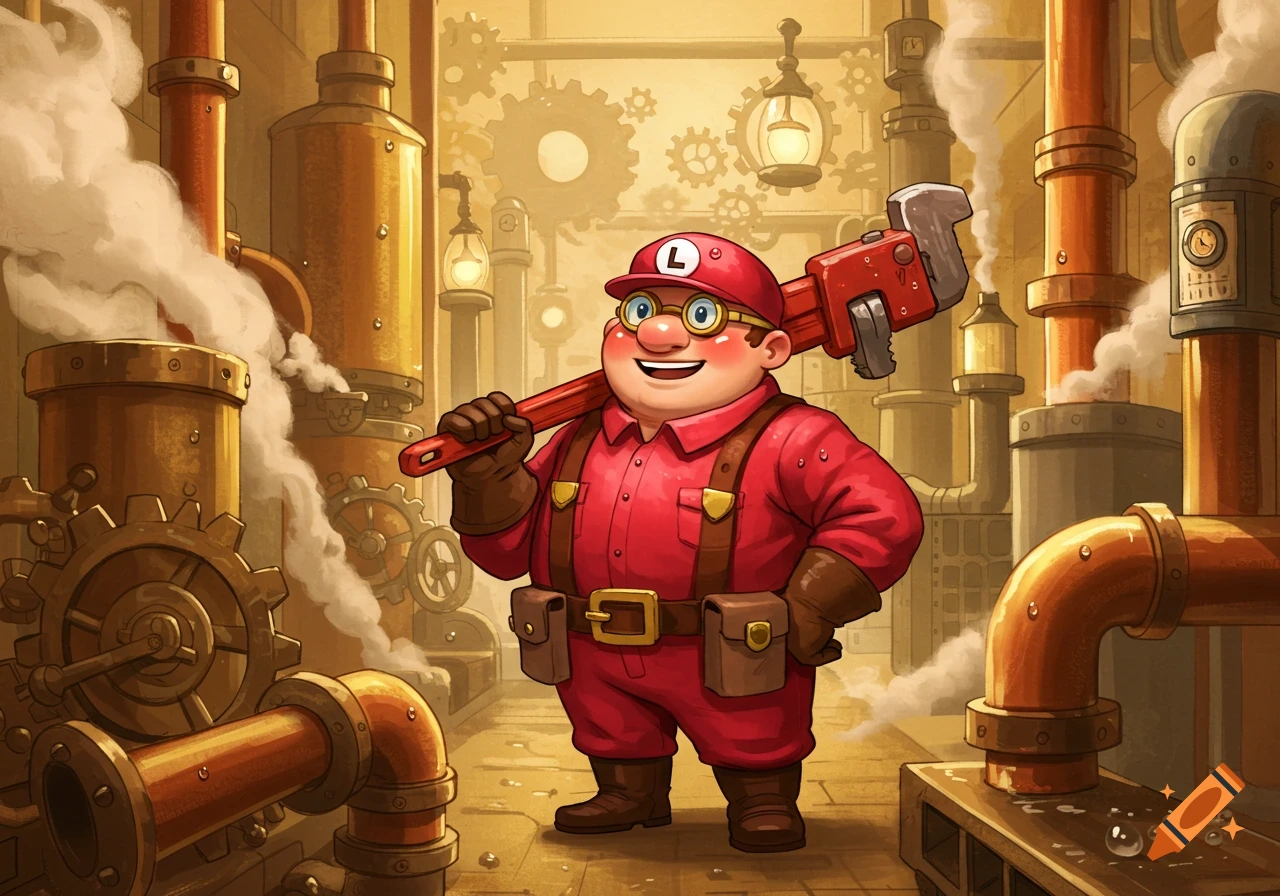 A cartoon plump plumber in red overalls holding a wrench in a steampunk factory.