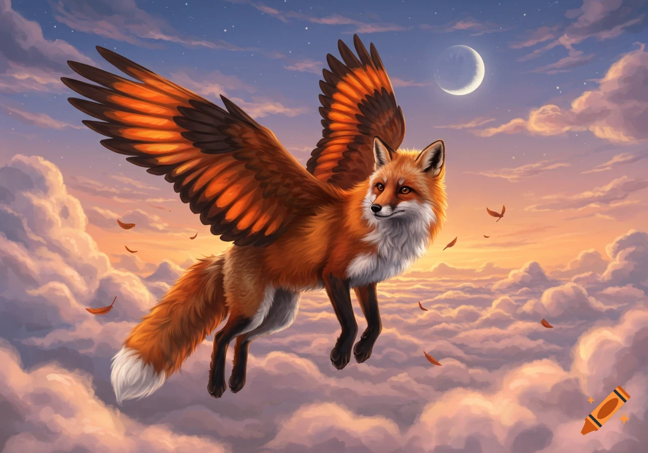 A winged red fox with orange and brown feathers flies through a cloudy sky at sunset, with a crescent moon visible.