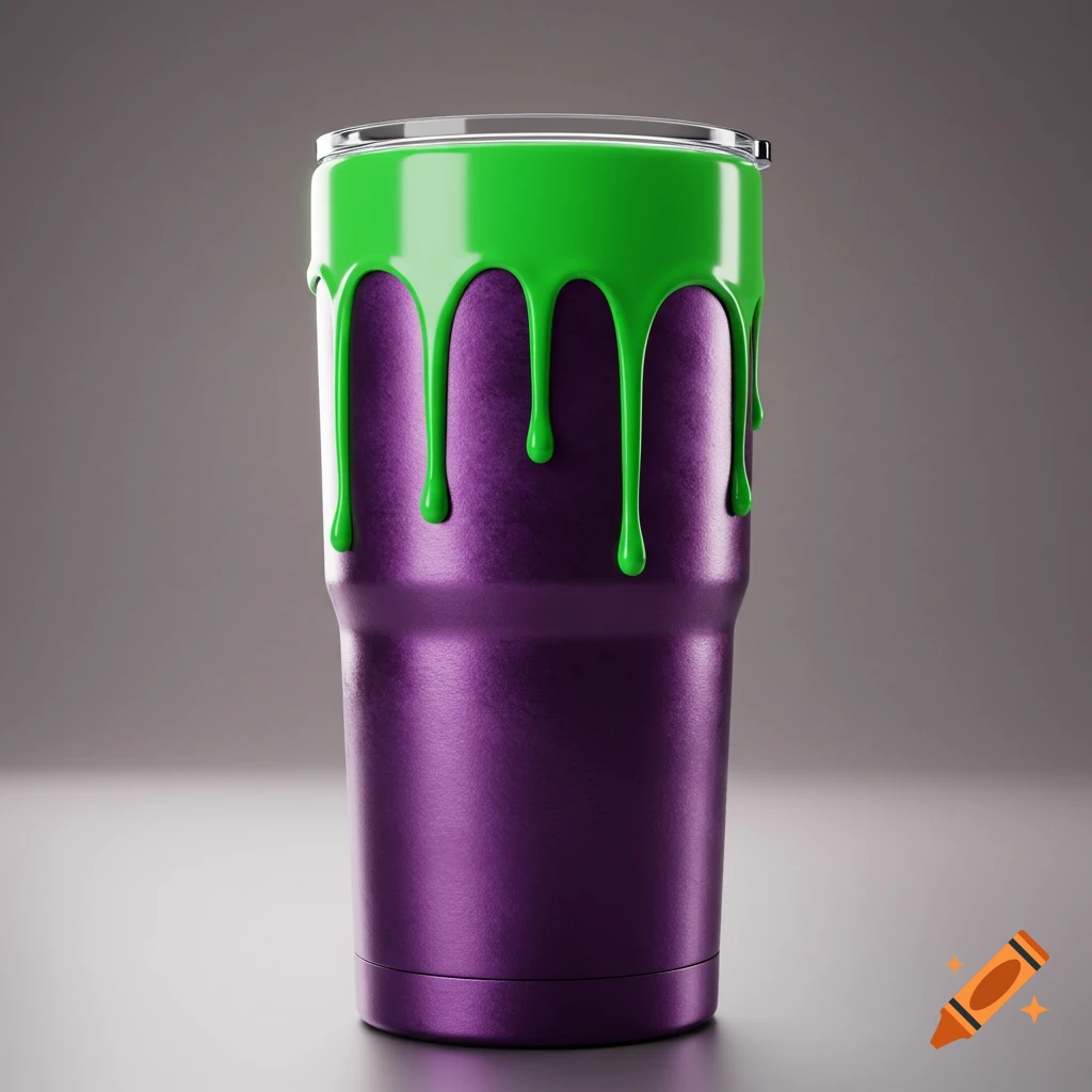 A purple stainless steel tumbler with bright green paint drips running down from the rim, set against a grey background.
