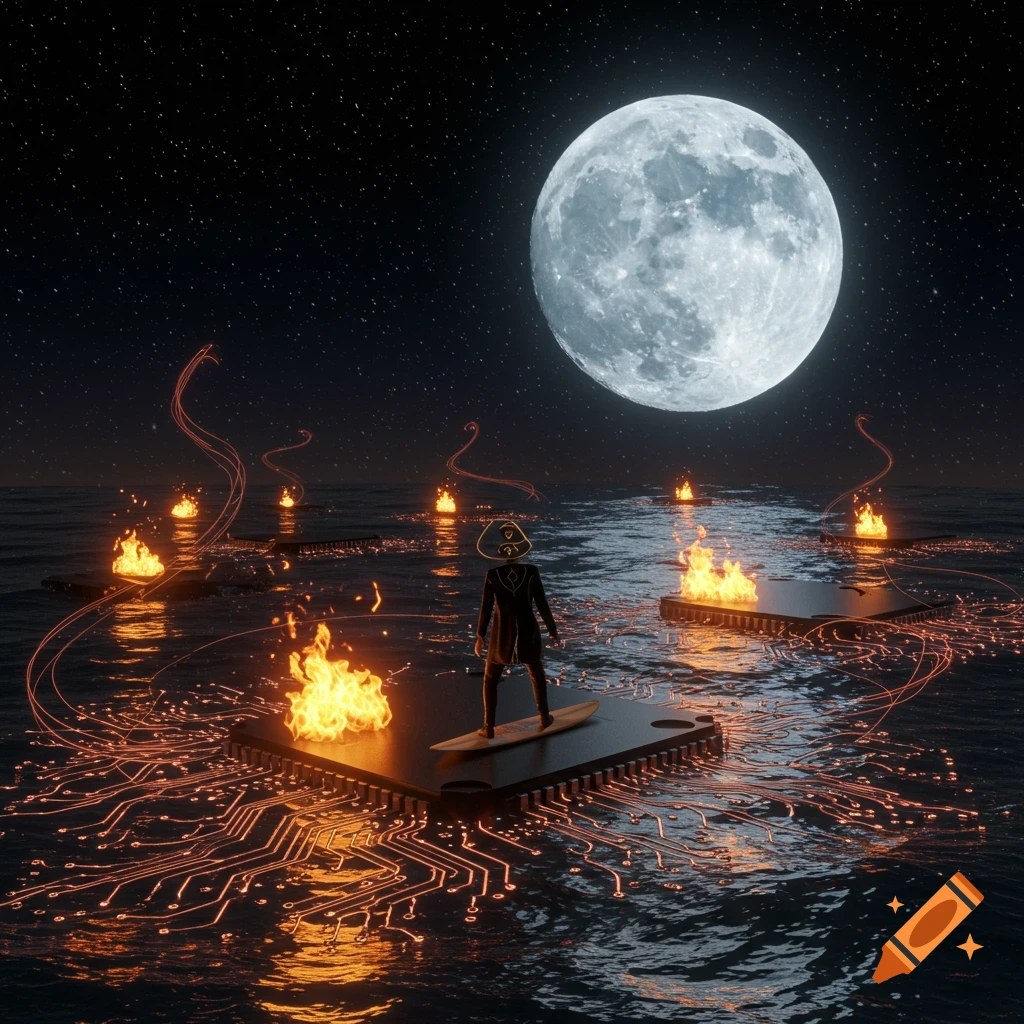 A lone figure surfs on a large circuit board floating in a moonlit ocean, surrounded by glowing fires and starry night sky.