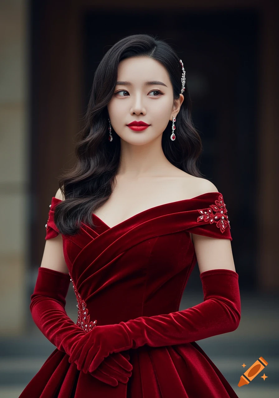 An elegant East Asian woman in a red velvet off-shoulder princess dress with long gloves and red lipstick.