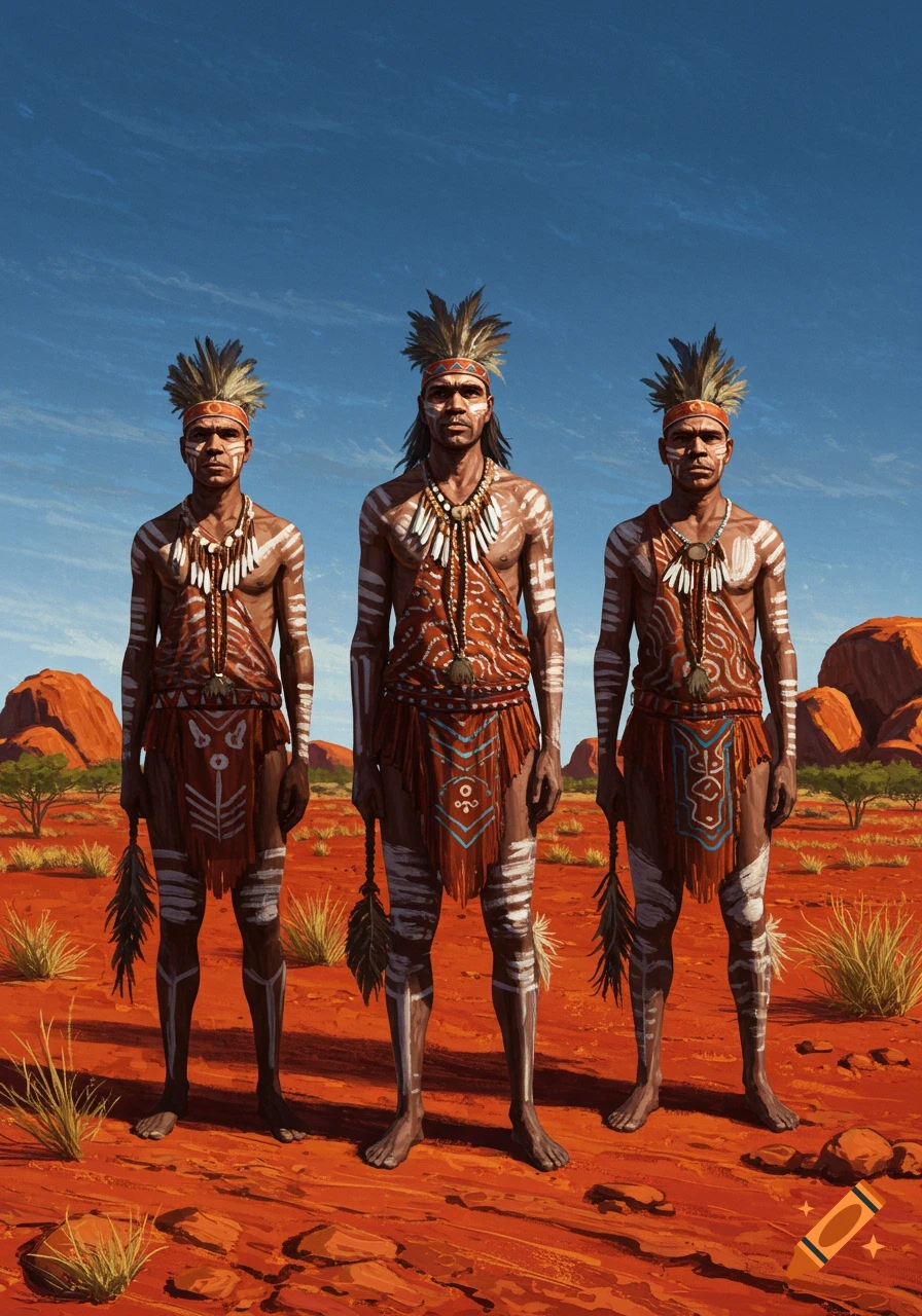 Three Indigenous men in traditional body paint, feathered headwear, and skirts stand in a red desert landscape.