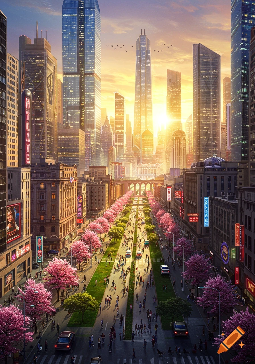 A photorealistic wide shot of a bustling city street lined with pink cherry blossom trees, leading to distant skyscrapers and a bright sunset.