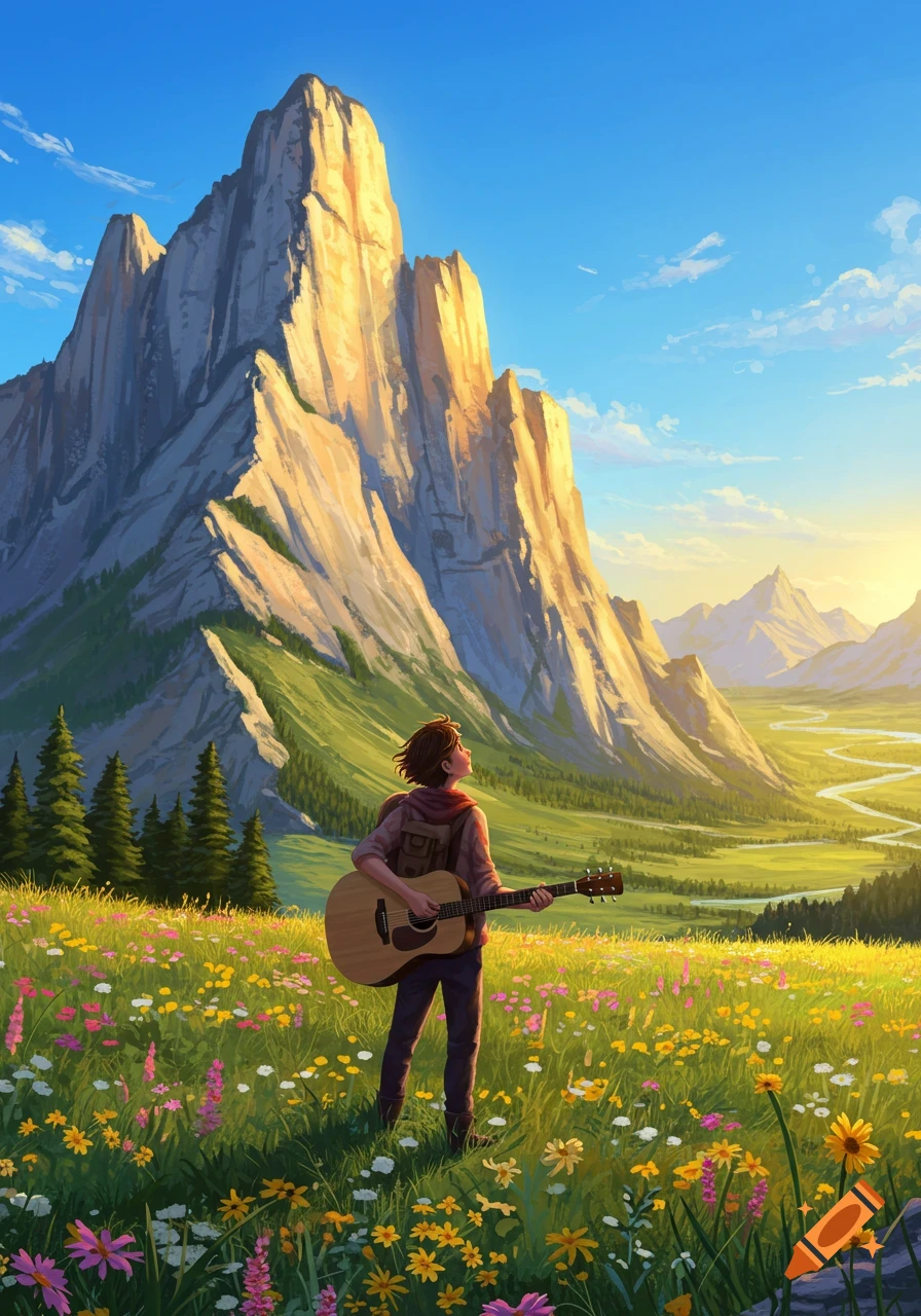 A person with a guitar stands in a vibrant wildflower field, looking up at a massive, sunlit mountain under a clear blue sky, in a fantasy art style.