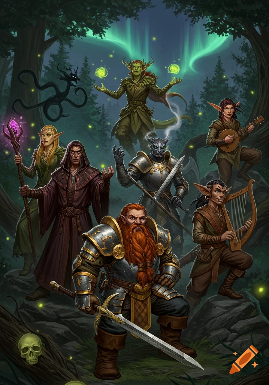 A group of diverse fantasy adventurers, including a dwarf, elves, and a dragon-like warrior, standing in a magical forest.