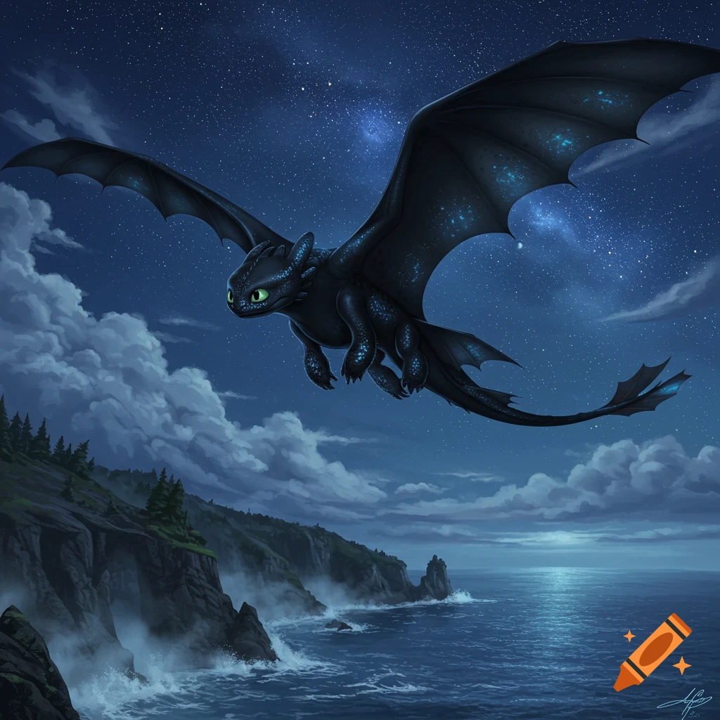 A black dragon with glowing green eyes flies through a star-filled night sky above a rocky coastline and ocean.
