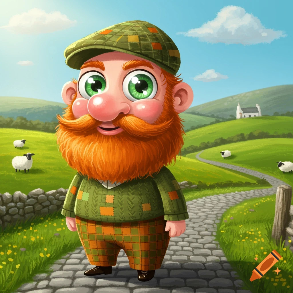 A whimsical cartoon Irish man with a big red beard, green eyes, and a tweed cap stands on a cobblestone path in a green, rolling landscape with sheep.