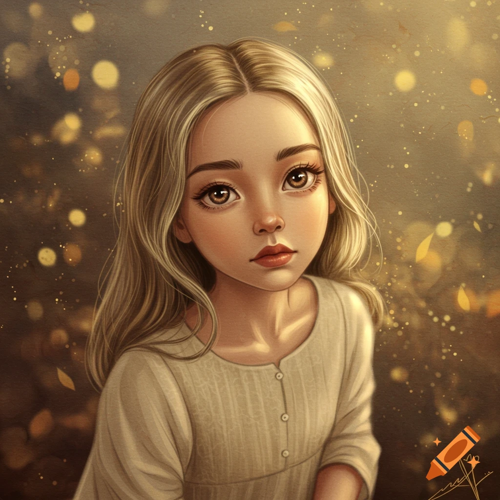 An illustrative portrait of a young girl with large brown eyes and long blonde hair, wearing a white shirt, against a soft, golden, bokeh background.