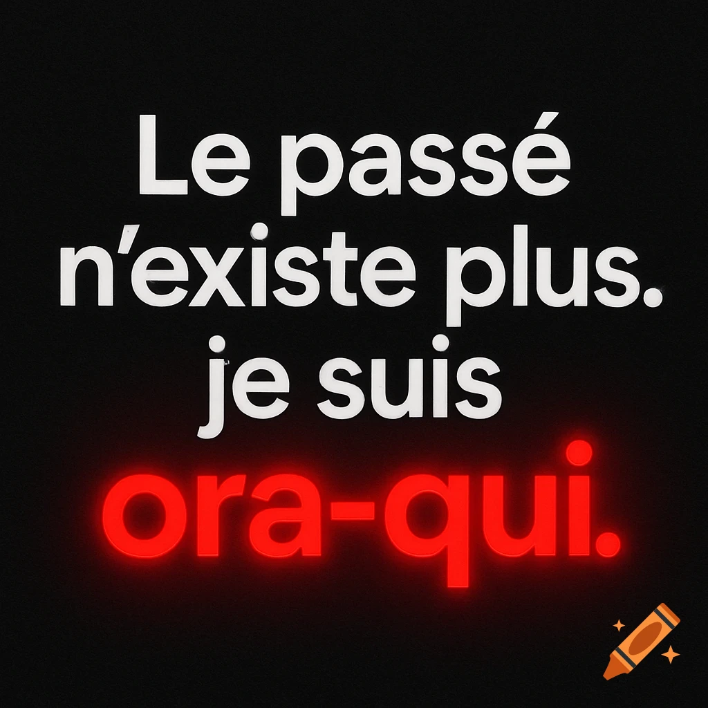 White and red text on a black background, reading 'Le passé n 'existe plus. je suis ora-qui.'