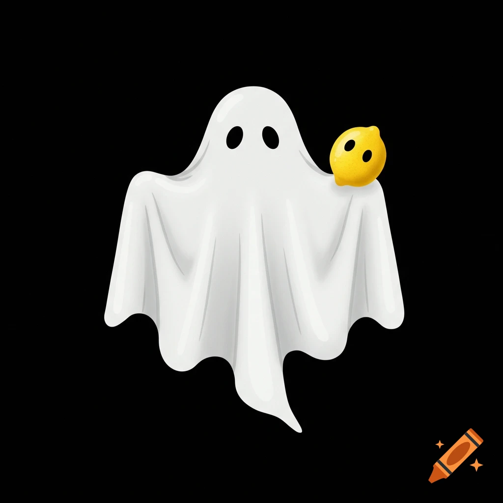 A friendly white-sheet ghost with oval eyes, holding a bright yellow lemon on its shoulder, against a solid black background.