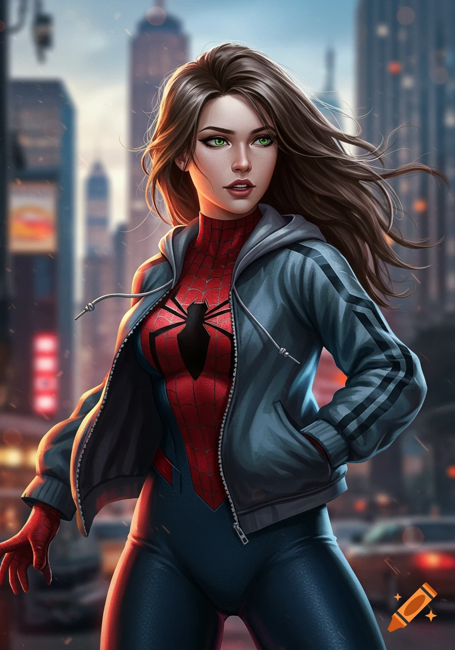 An artistic illustration of Spider-Woman with long brown hair and green eyes, wearing a grey hoodie over her suit, standing in a city.