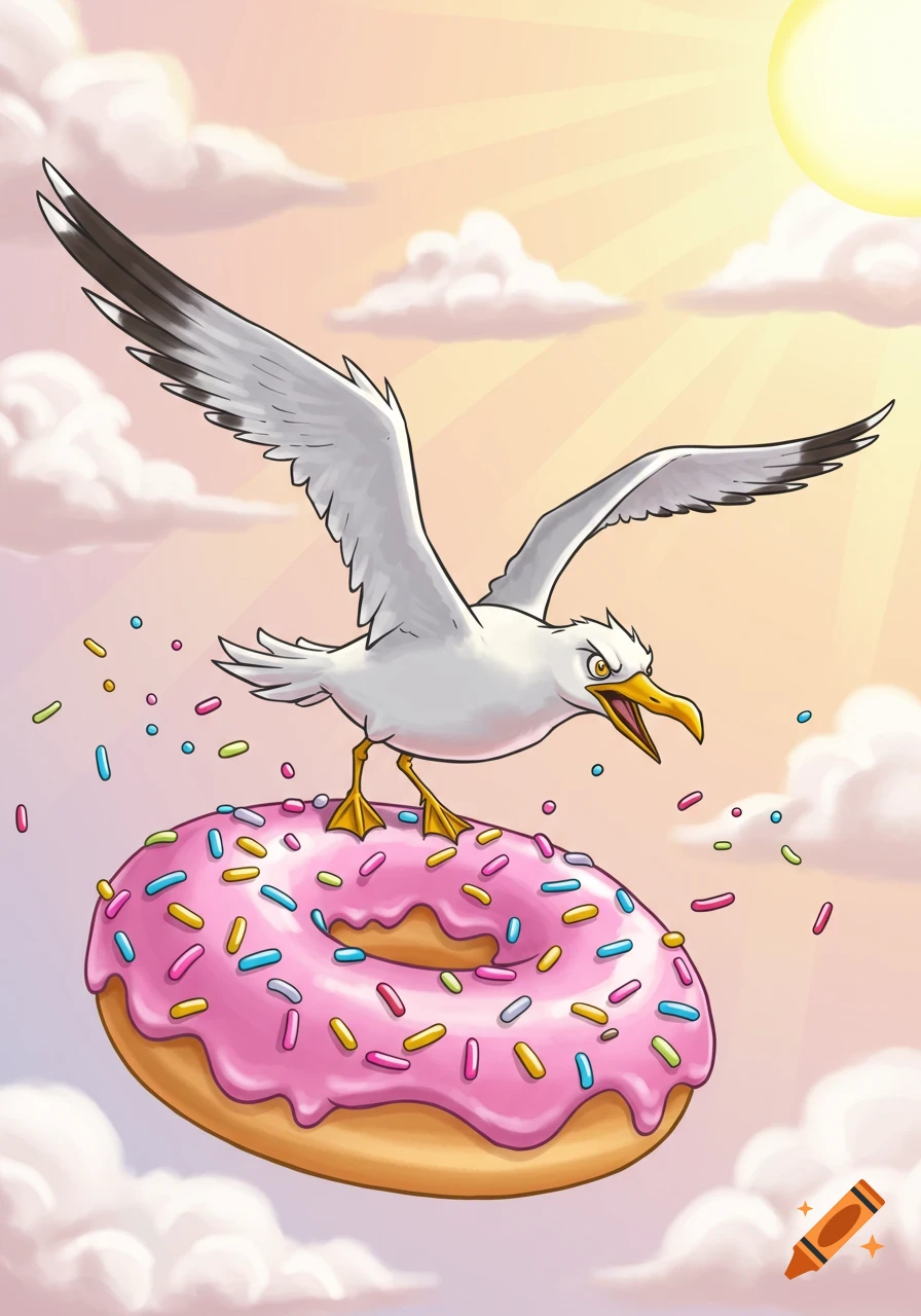 A cartoon seagull with a fierce expression flies through a pink frosted donut with sprinkles against a sunny, cloudy sky.