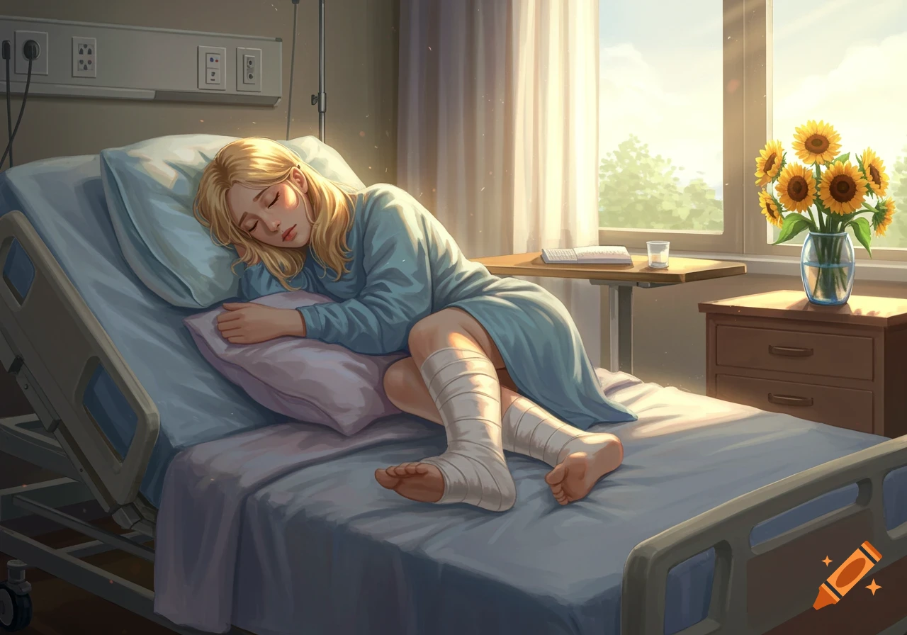 A young blonde woman sleeps in a hospital bed with a cast on her leg, sunlight fills the room with sunflowers nearby. Digital painting.