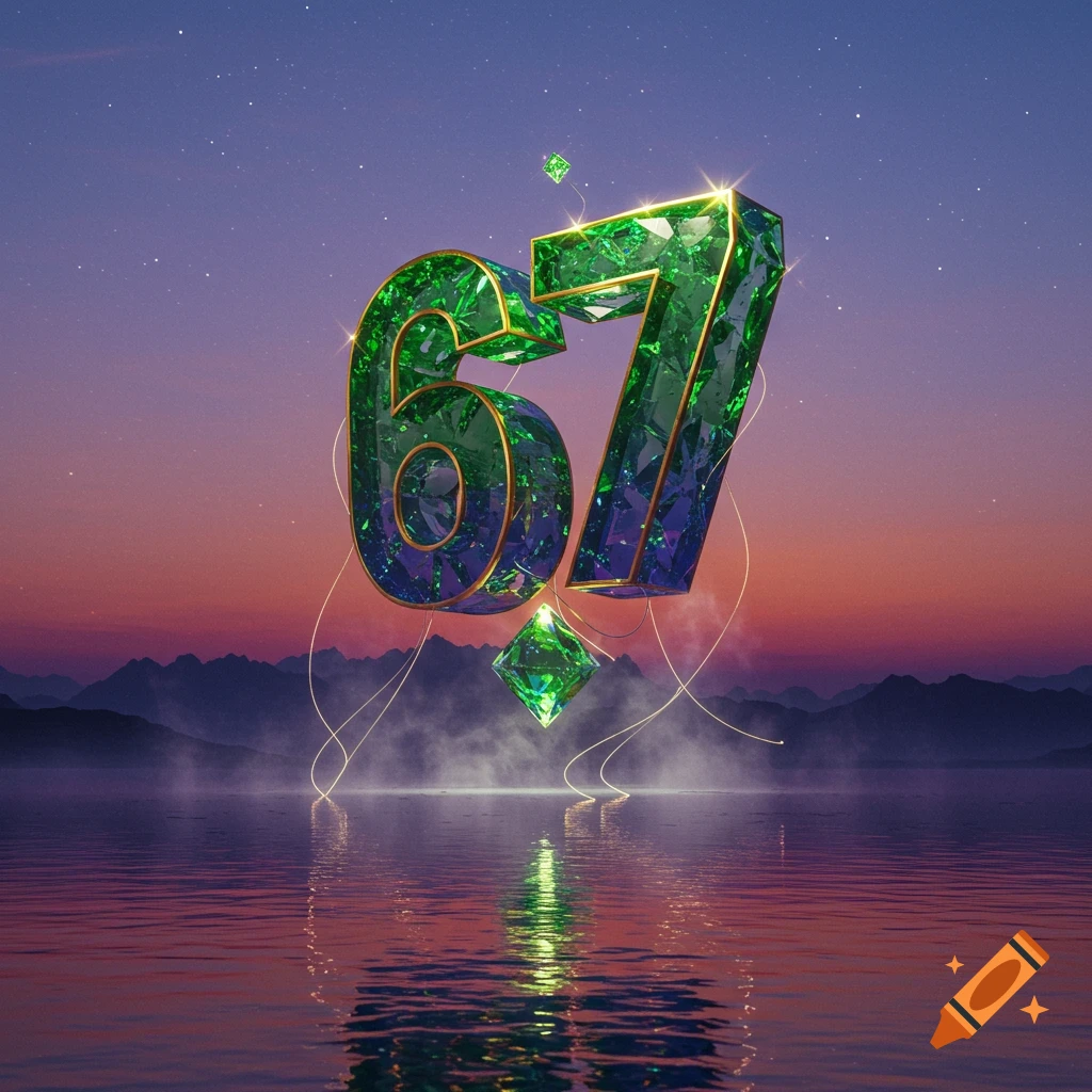 Large green jeweled numbers 67 floating above water at sunset with mountains and a starry sky.