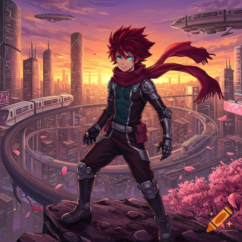 Anime character with red hair and glowing blue eyes standing on a rock overlooking a futuristic city at sunset with elevated trains.