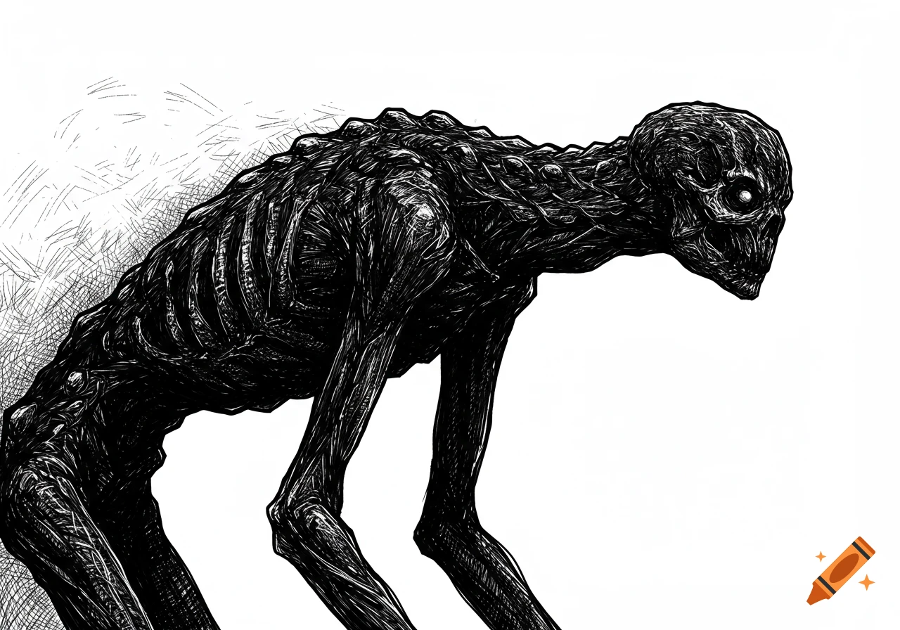 Black ink sketch of a tall, skeletal, monstrous creature with glowing eyes, facing right with a hunched posture.