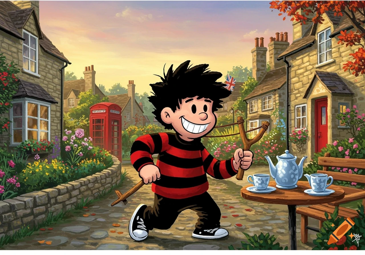 Cartoon illustration of Dennis the Menace running through a charming British village with a slingshot, a tea set on a table, and a red telephone box.
