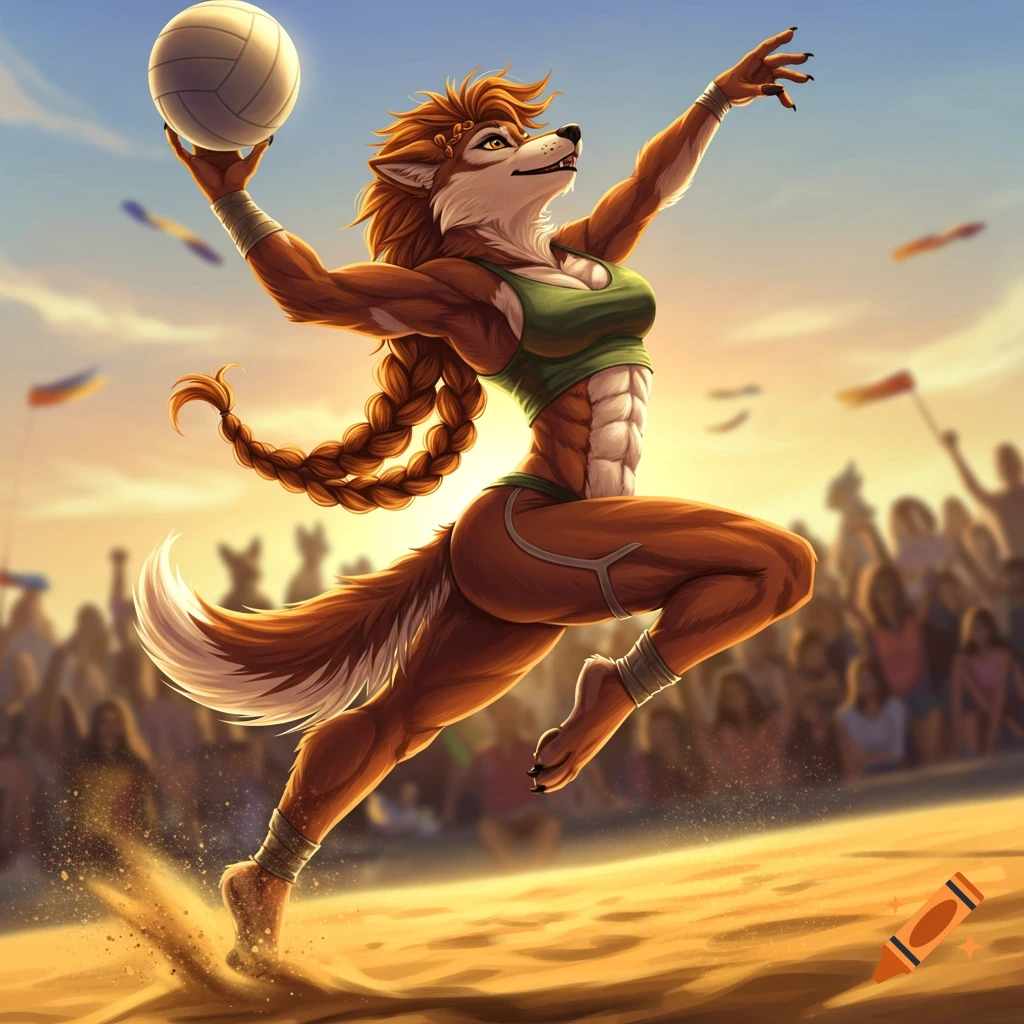 An anthropomorphic female wolf in a sports outfit jumps to hit a volleyball on a sandy beach at sunset, with a crowd watching.