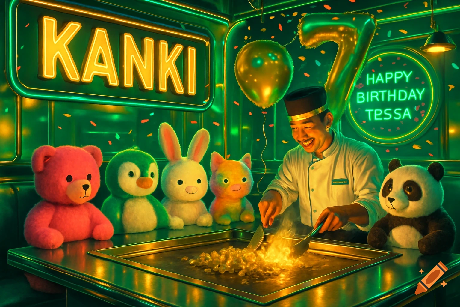 A retro-futuristic hibachi restaurant with a chef cooking, plush animals, neon Kanki and Happy Birthday signs, and balloons.