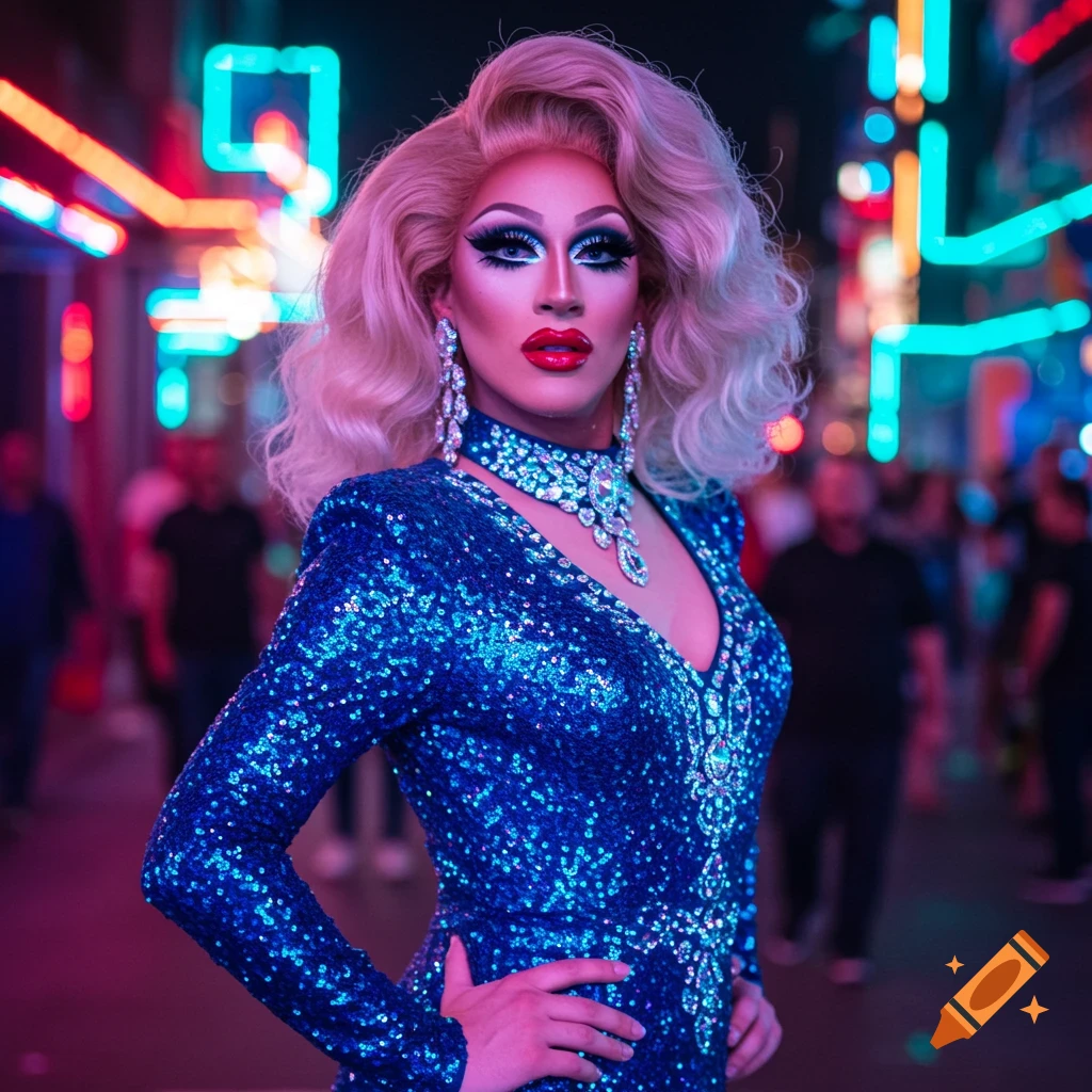 Photorealistic portrait of a drag queen with blonde hair, dramatic makeup, and a blue sequined dress, standing outdoors at night with neon lights.