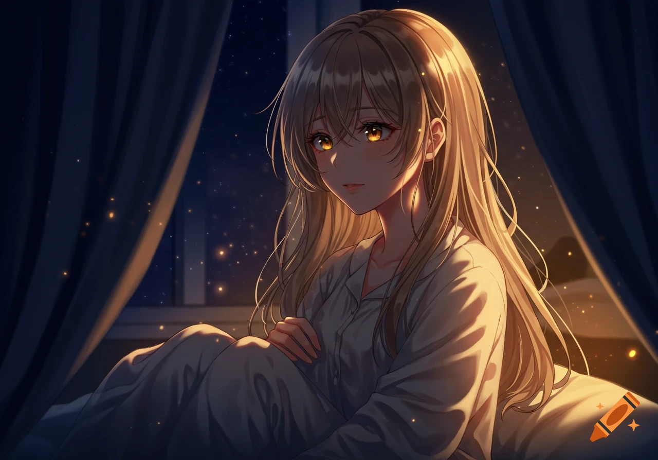 Anime-style woman with long blonde hair and amber eyes, sitting in pajamas in a dark room at night with glowing particles outside.