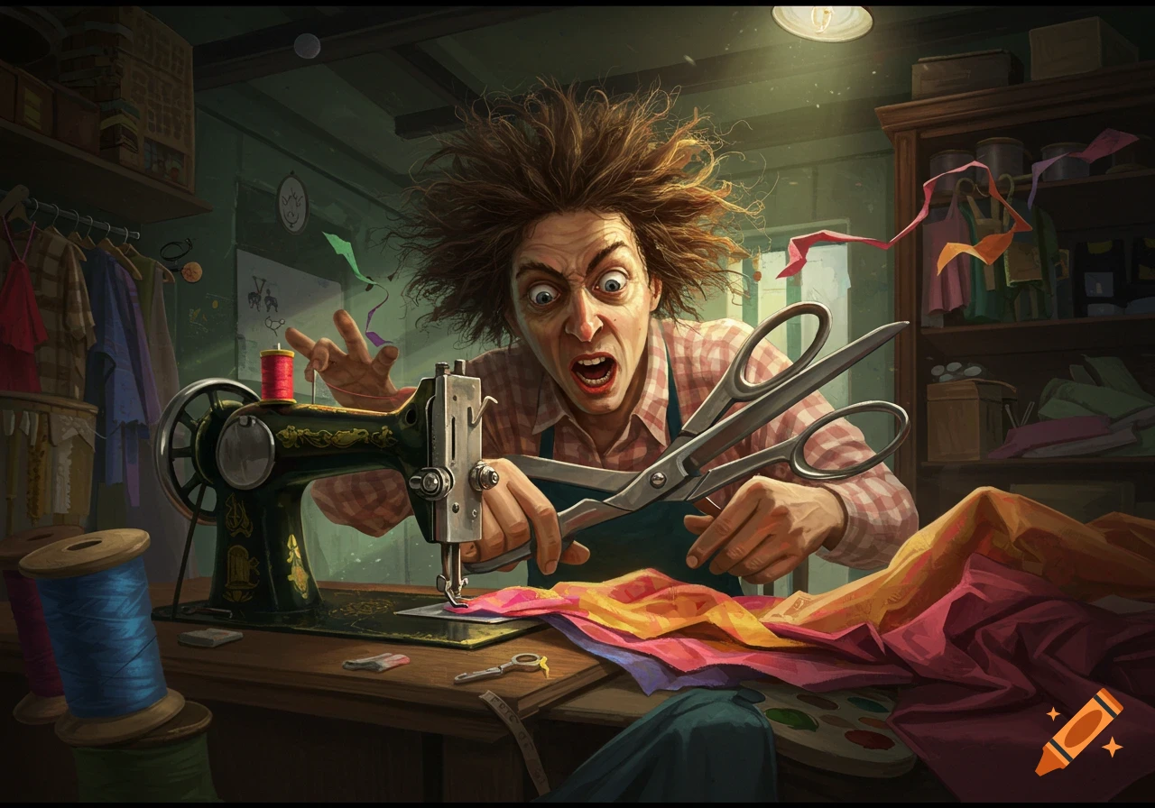 A wide-eyed, wild-haired person intensely sews at a machine, holding large scissors with a frantic expression in a dimly lit workshop.