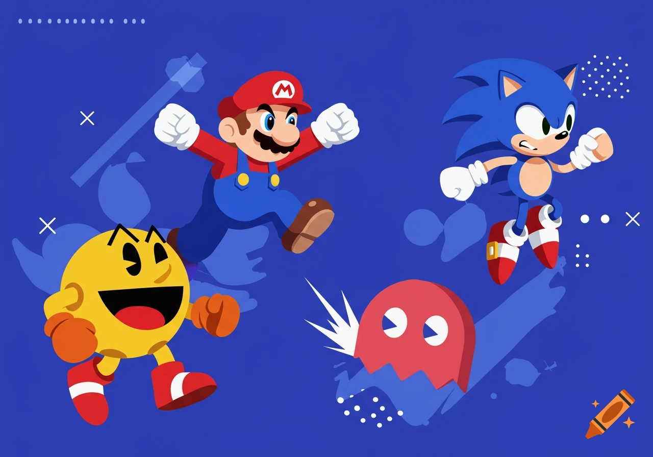 Mario, Sonic, Pac-Man, and a ghost character in a dynamic, cartoon style on a blue background.