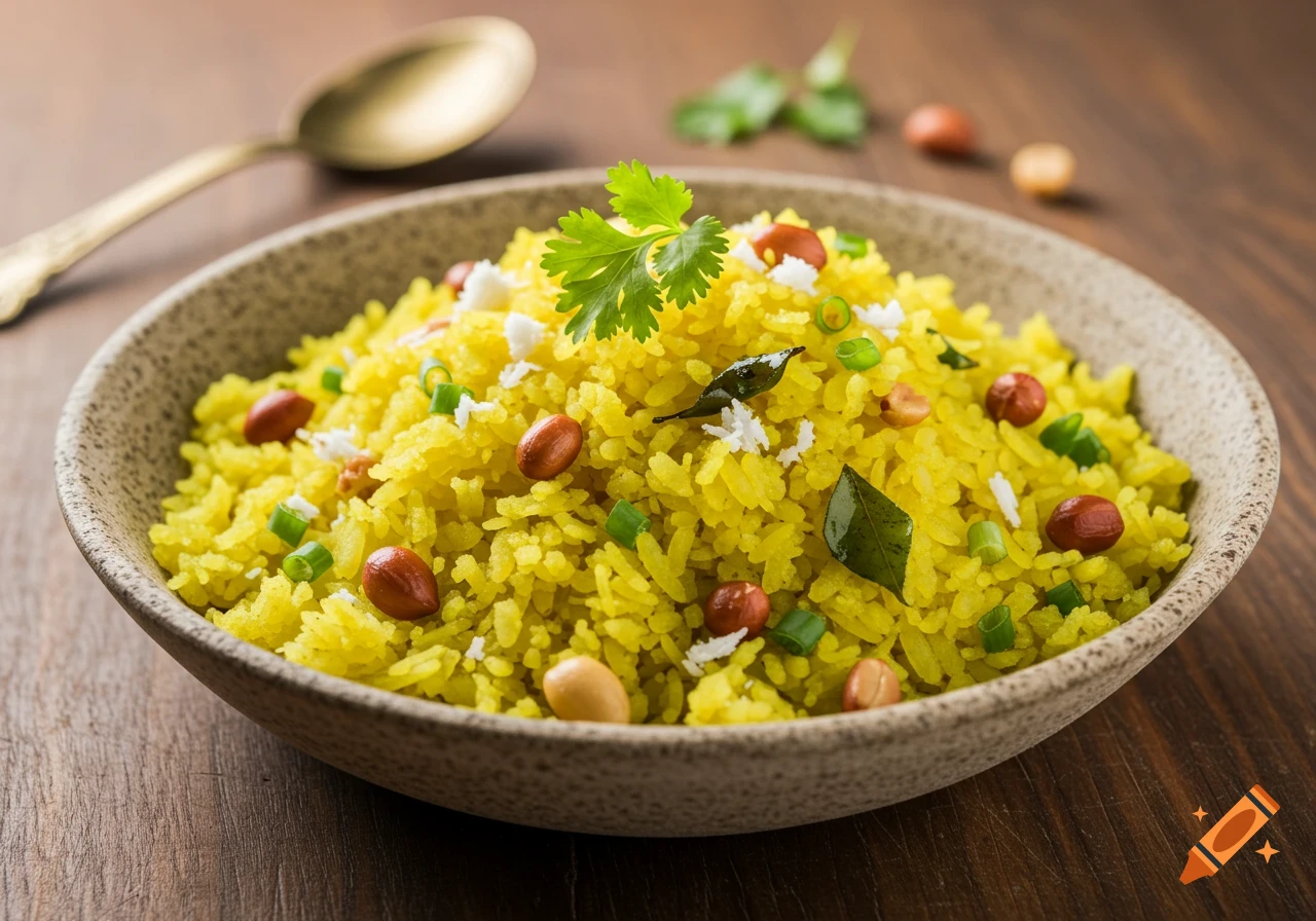 Poha in a ceramic bowl, garnished with peanuts, curry leaves, and cilantro on a wooden table.