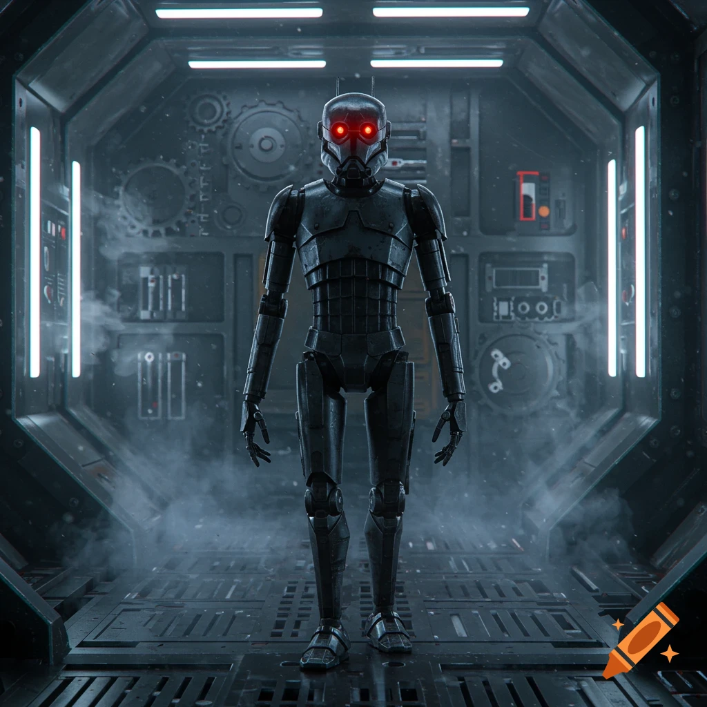A dark grey robotic droid with glowing red eyes stands in a smoky, futuristic metallic corridor.